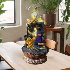 Lord Krishna Water Fountain Showpiece for Home Decor (Black & Gold) Polyresin – 15 Inch - Image 1