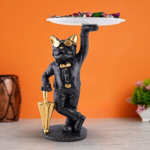 11-Inch Resin Cat Butler Candy Holder – Black & Gold - Image 1