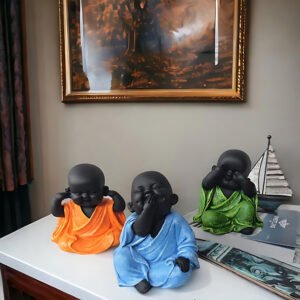 Baby Monk Buddha Idol Showpiece for Home Decor, Set of 3 (Multicolor) Marble – 5.5 Inch - Image 1