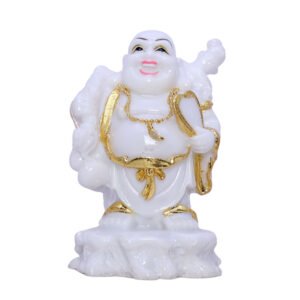 White & Gold Laughing Buddha Statue – 10 cm (H) x 7 cm (L) x 7 cm (D) | Feng Shui Wealth & Happiness Idol