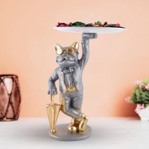 11-Inch Silver Cat Butler Tray – Resin Decorative Stand - Image 1