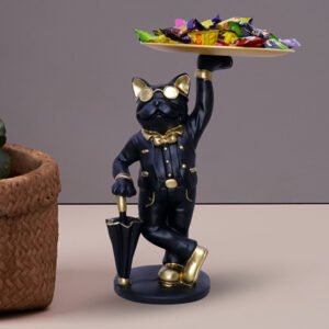 11-Inch Black Cat Butler Figurine with Serving Tray - Image 1
