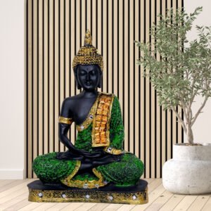 Meditation Buddha Showpiece for Home Decor (Green & Black) Polyresin - 9.5 Inch - Image 2