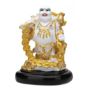 Laughing Buddha Showpiece for Home Decor (White & Golden) Marble - 8 Inch