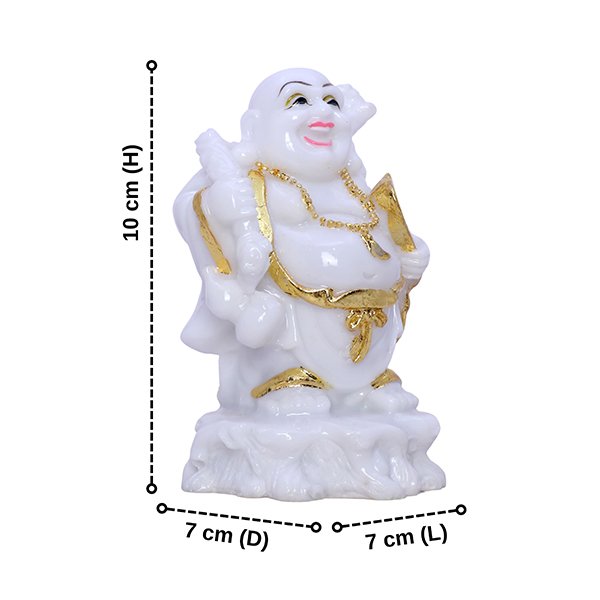 White & Gold Laughing Buddha Statue – 10 cm (H) x 7 cm (L) x 7 cm (D) | Feng Shui Wealth & Happiness Idol