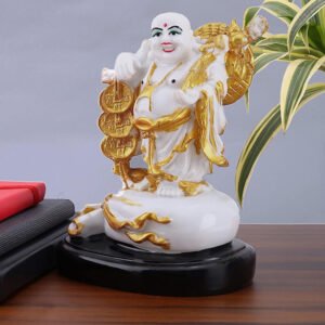 Laughing Buddha Showpiece for Home Decor (White & Gold) Marble - 7.5 Inch