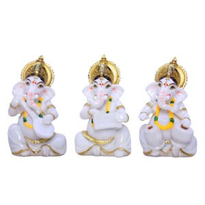 Set of 3 White Ganesh Idols – Musical Ganesha Resin Figurines (15 cm H) for Home, Office & Temple Décor - Image 2
