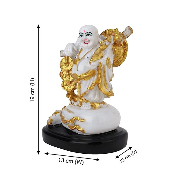 Laughing Buddha Showpiece for Home Decor (White & Gold) Marble - 7.5 Inch