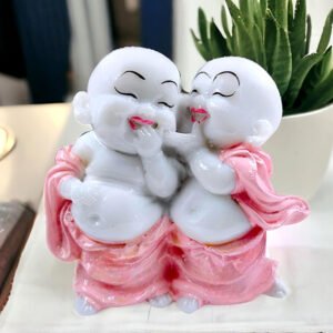 Laughing Monk Buddha Showpiece for Home Decor (Pink & White) Marble – 4 Inch - Image 1