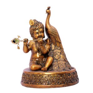 Bal Krishna with Peacock Idol Showpiece for Home Decor (Golden) Polyresin - 7 Inch - Image 2