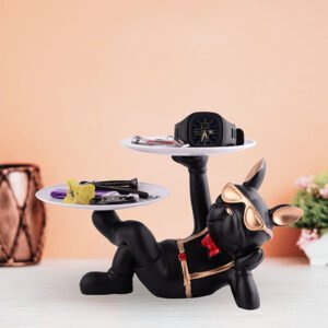 Luxury French Bulldog Double Tray Organizer – 7-Inch Black & Gold Resin Decorative Storage - Image 1