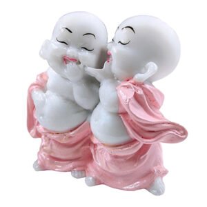Laughing Monk Buddha Showpiece for Home Decor (Pink & White) Marble – 4 Inch - Image 2