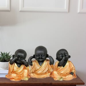 Baby Monk Buddha Idol Showpiece for Home Decor, Set of 3 (Golden & Black) Polyresin – 5.5 Inch - Image 1