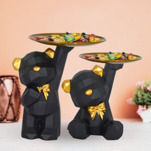 Geometric Black Bear Duo Tray Holder – 8-Inch Decorative Resin Snack & Jewelry Organizer