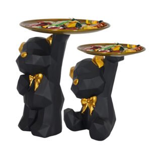 Geometric Black Bear Duo Tray Holder – 8-Inch Decorative Resin Snack & Jewelry Organizer