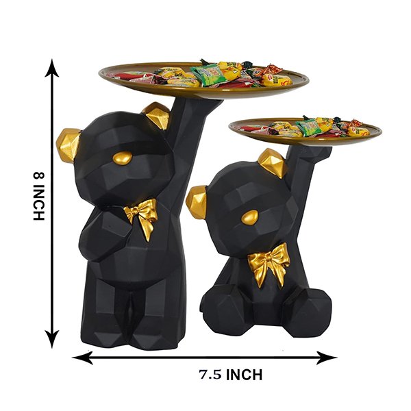 Geometric Black Bear Duo Tray Holder – 8-Inch Decorative Resin Snack & Jewelry Organizer