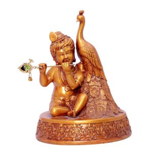 Bal Krishna with Peacock Idol Showpiece for Home Decor (Red & Golden) Polyresin - 7 Inch - Image 2