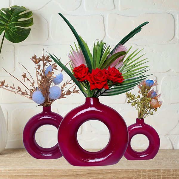 Donut-Shaped Flower Vases for Home Decor, Set of 3 (Mehroon) Polyresin – 8 Inch