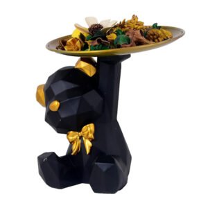 Mini Geometric Bear Tray Holder – 6-Inch Resin Black Bear Organizer with Gold Accents