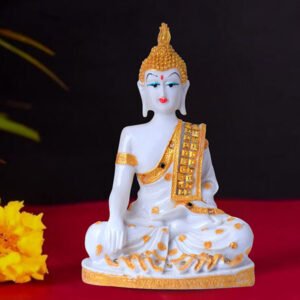 Hand Down Buddha Showpiece for Home Decor (White & Gold) Marble - 10.5 Inch - Image 1