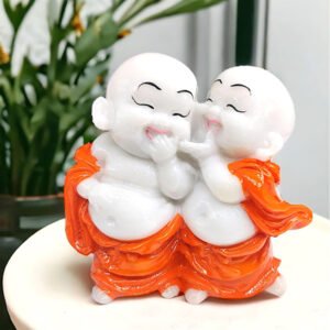 Laughing Monk Buddha Showpiece for Home Decor (Orange & White) Marble – 4 Inch - Image 1