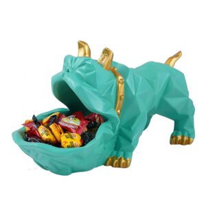 Geometric Bulldog Candy Holder – 6-Inch Mint Green Resin Dog Bowl with Gold Accents - Image 3