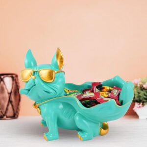 Cool French Bulldog Candy Holder – 6-Inch Mint Green Resin Dog Bowl with Gold Sunglasses
