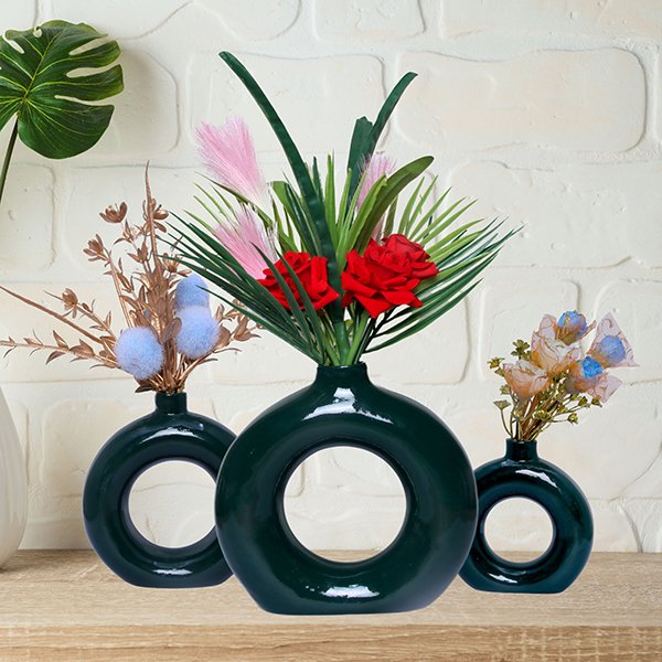 Donut-Shaped Flower Vases for Home Decor, Set of 3 (Dark Green) Polyresin – 8 Inch