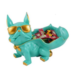 Cool French Bulldog Candy Holder – 6-Inch Mint Green Resin Dog Bowl with Gold Sunglasses