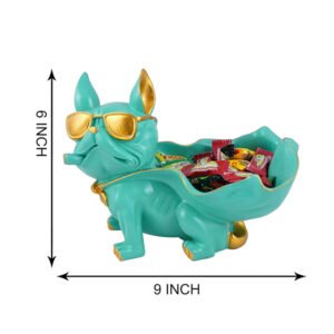 Cool French Bulldog Candy Holder – 6-Inch Mint Green Resin Dog Bowl with Gold Sunglasses