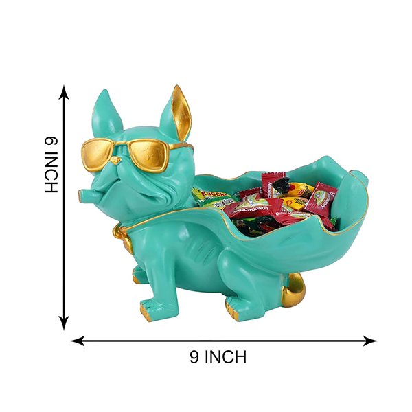 Cool French Bulldog Candy Holder – 6-Inch Mint Green Resin Dog Bowl with Gold Sunglasses