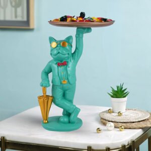 Gentleman Cat Candy Tray – 10-Inch Mint Green Resin Cat Butler Figurine with Gold Umbrella - Image 1