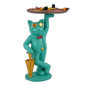 Gentleman Cat Candy Tray – 10-Inch Mint Green Resin Cat Butler Figurine with Gold Umbrella - Image 3