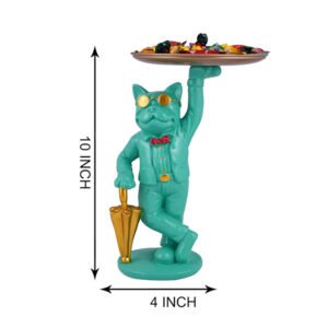 Gentleman Cat Candy Tray – 10-Inch Mint Green Resin Cat Butler Figurine with Gold Umbrella - Image 2