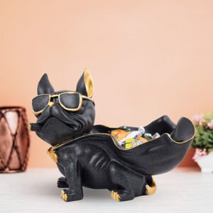 Cool French Bulldog Candy Dish – 8-Inch Black Resin Dog Tray with Gold Accents and Sunglasses - Image 1