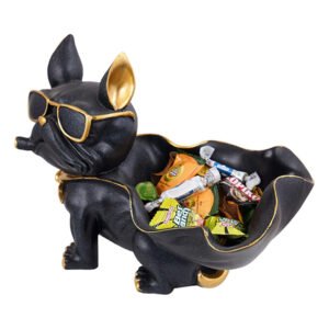 Cool French Bulldog Candy Dish – 8-Inch Black Resin Dog Tray with Gold Accents and Sunglasses - Image 2