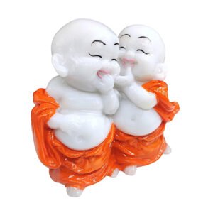 Laughing Monk Buddha Showpiece for Home Decor (Orange & White) Marble – 4 Inch - Image 2