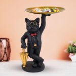 Black French Bulldog Butler Candy Tray – 10-Inch Resin Dog Figurine with Gold Tray & Umbrella