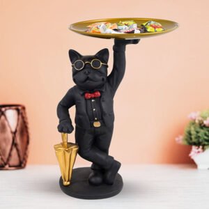 Black French Bulldog Butler Candy Tray – 10-Inch Resin Dog Figurine with Gold Tray & Umbrella