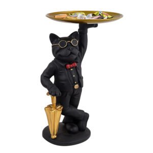 Black French Bulldog Butler Candy Tray – 10-Inch Resin Dog Figurine with Gold Tray & Umbrella
