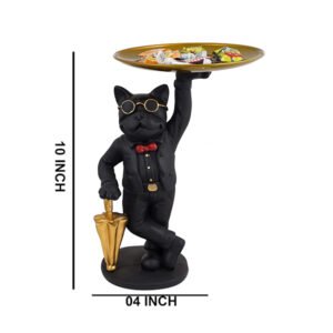 Black French Bulldog Butler Candy Tray – 10-Inch Resin Dog Figurine with Gold Tray & Umbrella