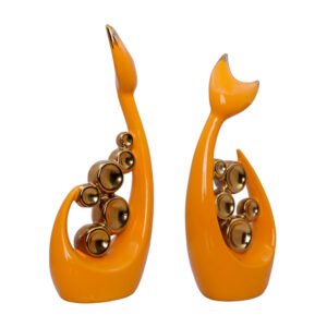 Orange Abstract Cat Figurines – Set of 2 with Gold Accents (H- 29 & 26 cm)