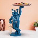 Blue French Bulldog Candy Dish Butler – 10-Inch Resin Dog Figurine with Golden Tray & Umbrella