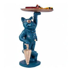 Blue French Bulldog Candy Dish Butler – 10-Inch Resin Dog Figurine with Golden Tray & Umbrella