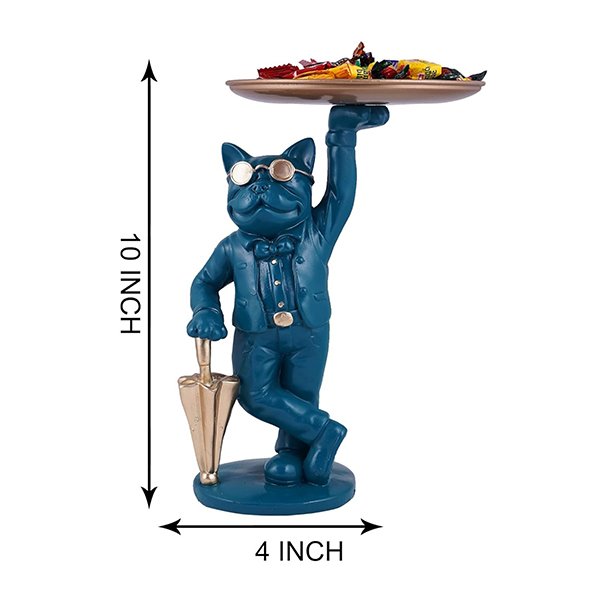 Blue French Bulldog Candy Dish Butler – 10-Inch Resin Dog Figurine with Golden Tray & Umbrella