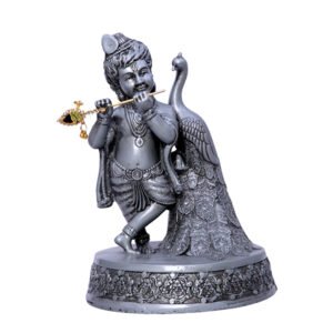 Antique Bal Krishna with Peacock Idol Showpiece (Silver) Polyresin - 7.5 Inch - Image 2