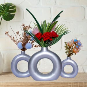 Donut-Shaped Flower Vases for Home Decor, Set of 3 (Silver) Polyresin – 8 Inch - Image 1