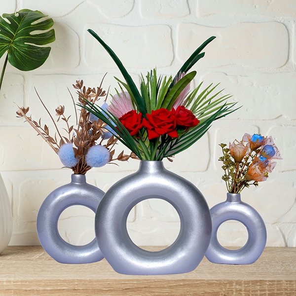 Donut-Shaped Flower Vases for Home Decor, Set of 3 (Silver) Polyresin – 8 Inch