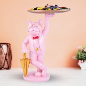 Pink French Bulldog Candy Dish Butler – 10-Inch Decorative Dog Figurine with Gold Tray & Umbrella - Image 1