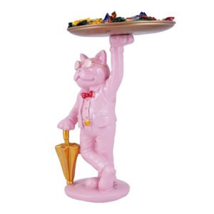 Pink French Bulldog Candy Dish Butler – 10-Inch Decorative Dog Figurine with Gold Tray & Umbrella - Image 2